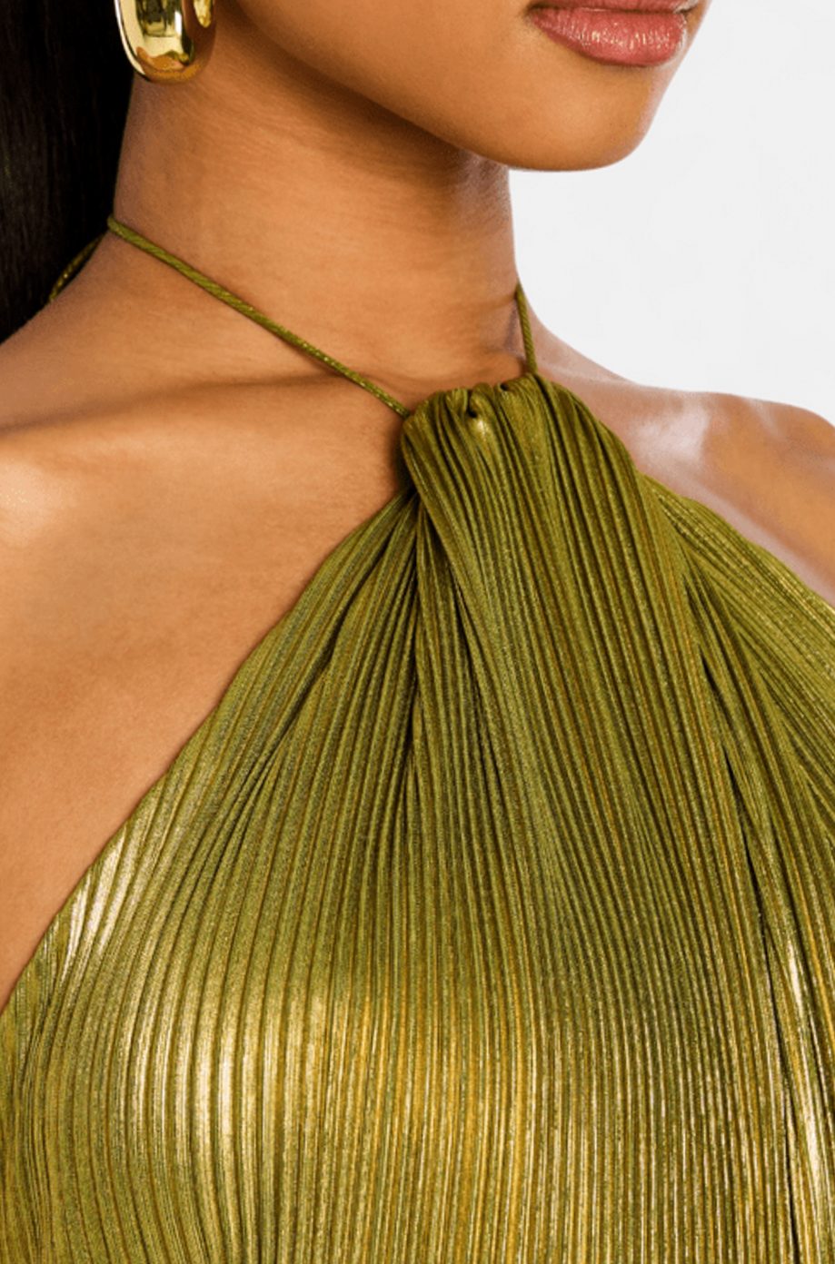 Women's Metallic Gold Halter-Neck Pleated Maxi Dress