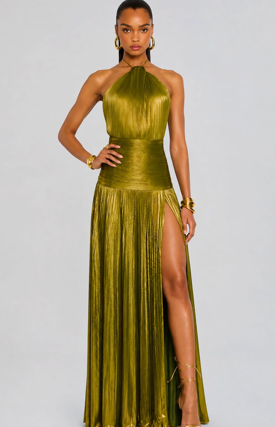 Women's Metallic Halter Maxi Dress Pleated High-Slit Backless Gown - Gold