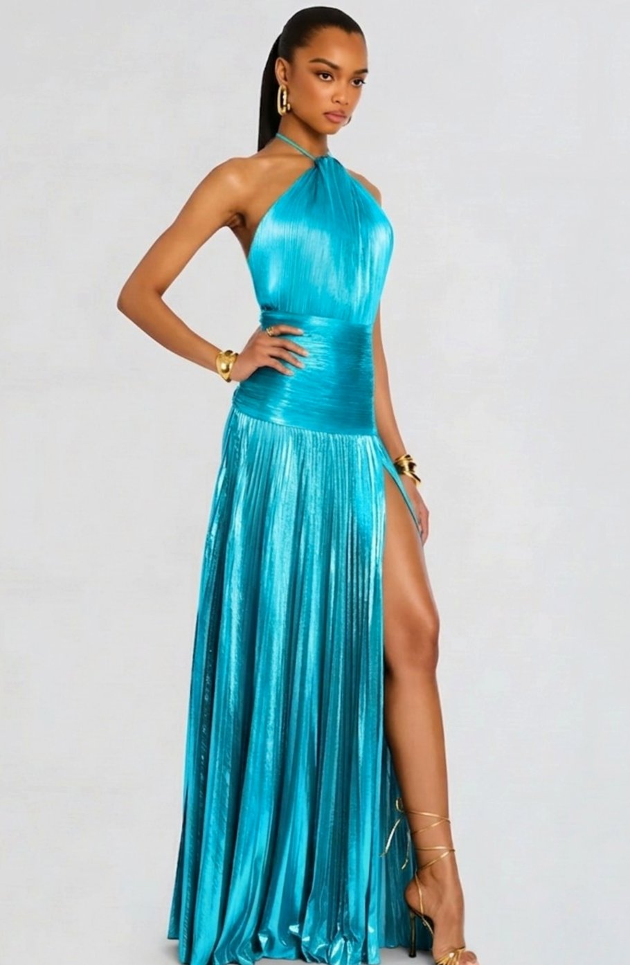 Women's Metallic Halter Maxi Dress Pleated High-Slit Backless Gown