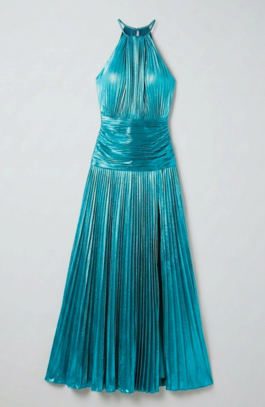 Women's Metallic Halter Maxi Dress Pleated High-Slit Backless Gown