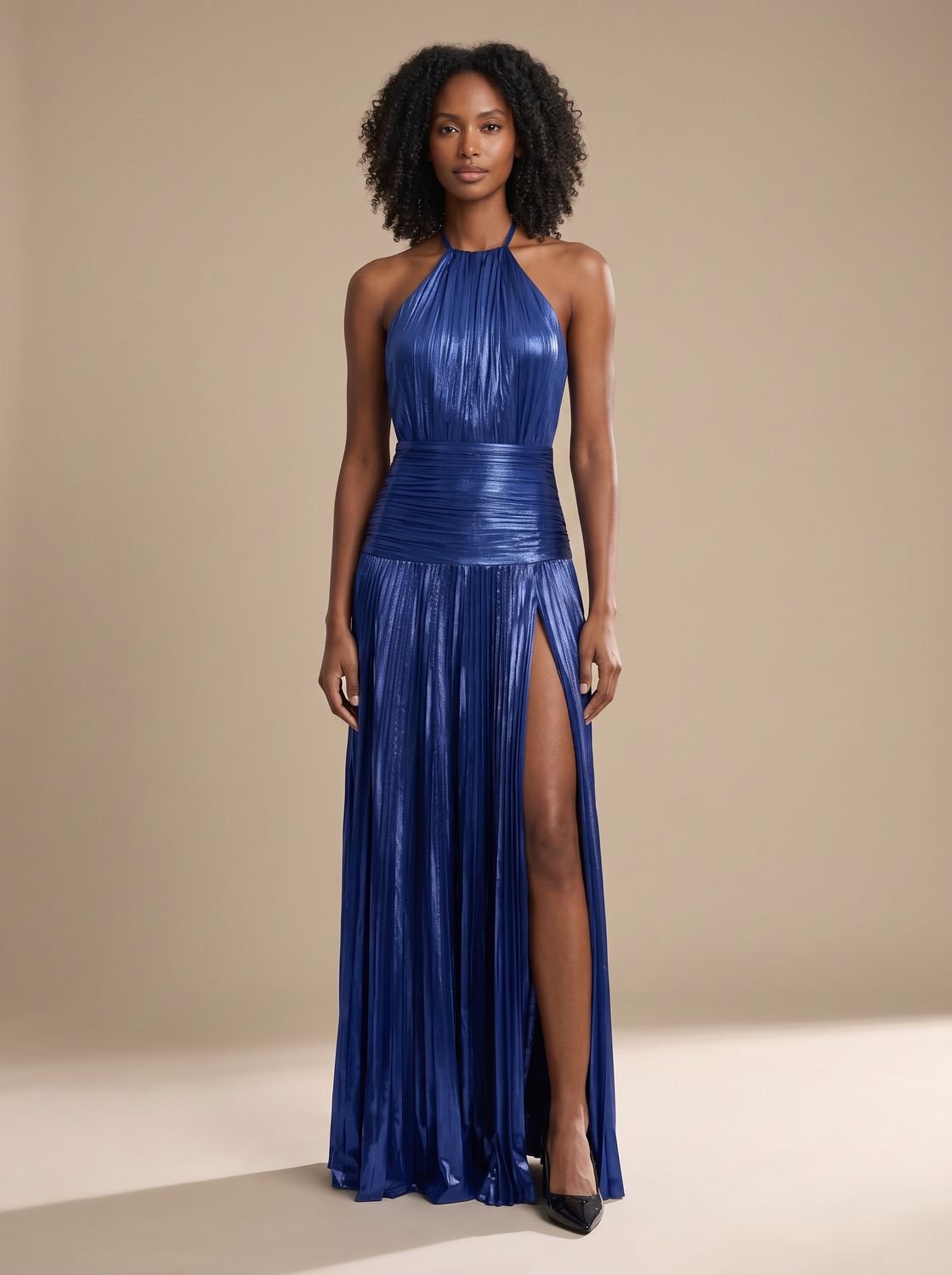 Women's Metallic Pleated Halter-Neck Backless Maxi Dress - Blue