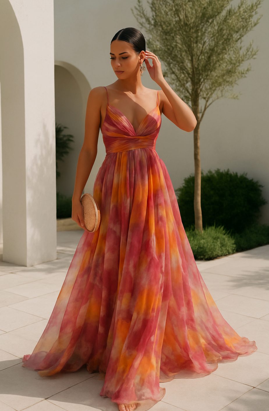 Women's Multicolour Flowy V-Neck Thin-Strap Maxi Dress - Orange