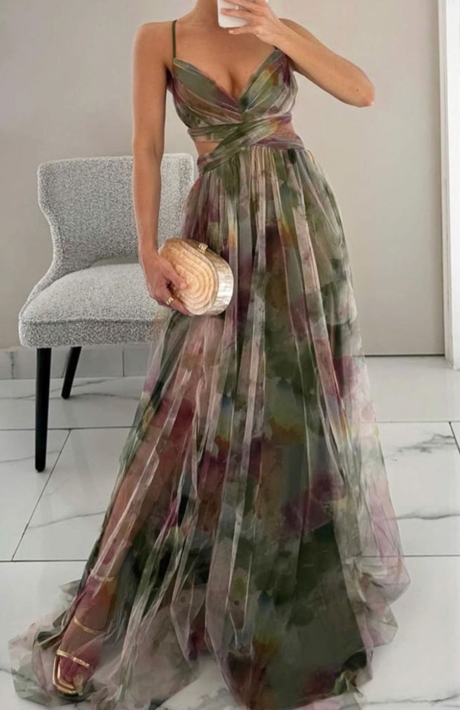 Women's Multicolour Flowy V-Neck Thin-Strap Maxi Dress - Green