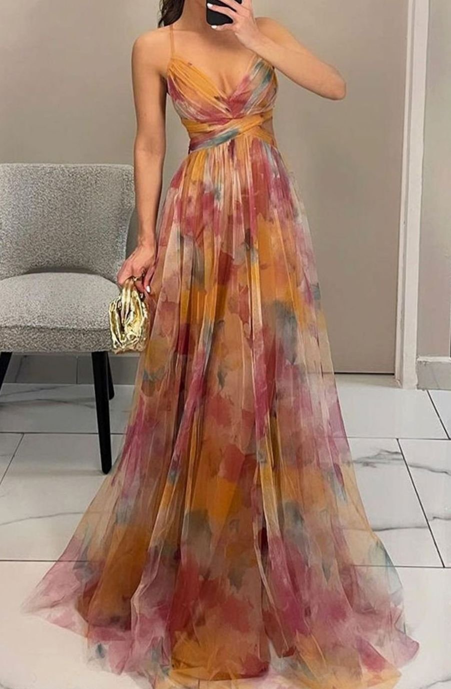 Women's Multicolour Flowy V-Neck Thin-Strap Maxi Dress