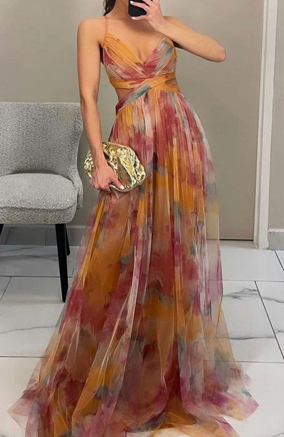Women's Multicolour Flowy V-Neck Thin-Strap Maxi Dress