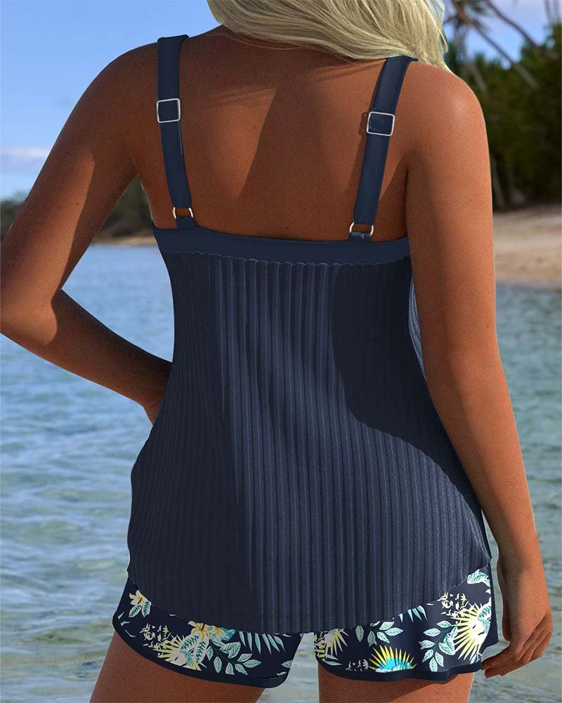 Women's Navy Striped Ribbed Tankini Two-Piece Set