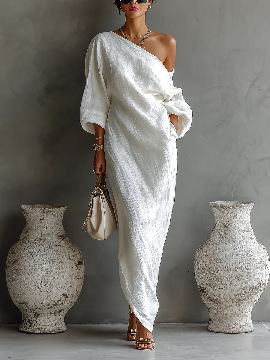 Women's Off-Shoulder Batwing Sleeve Relaxed Linen Maxi Dresses - White