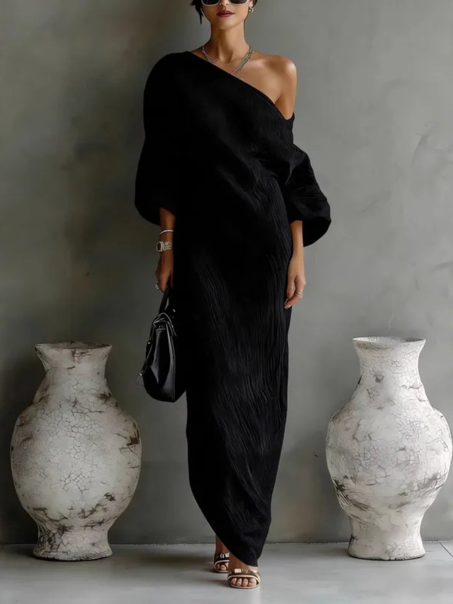 Women's Off-Shoulder Batwing Sleeve Relaxed Linen Maxi Dresses - Black