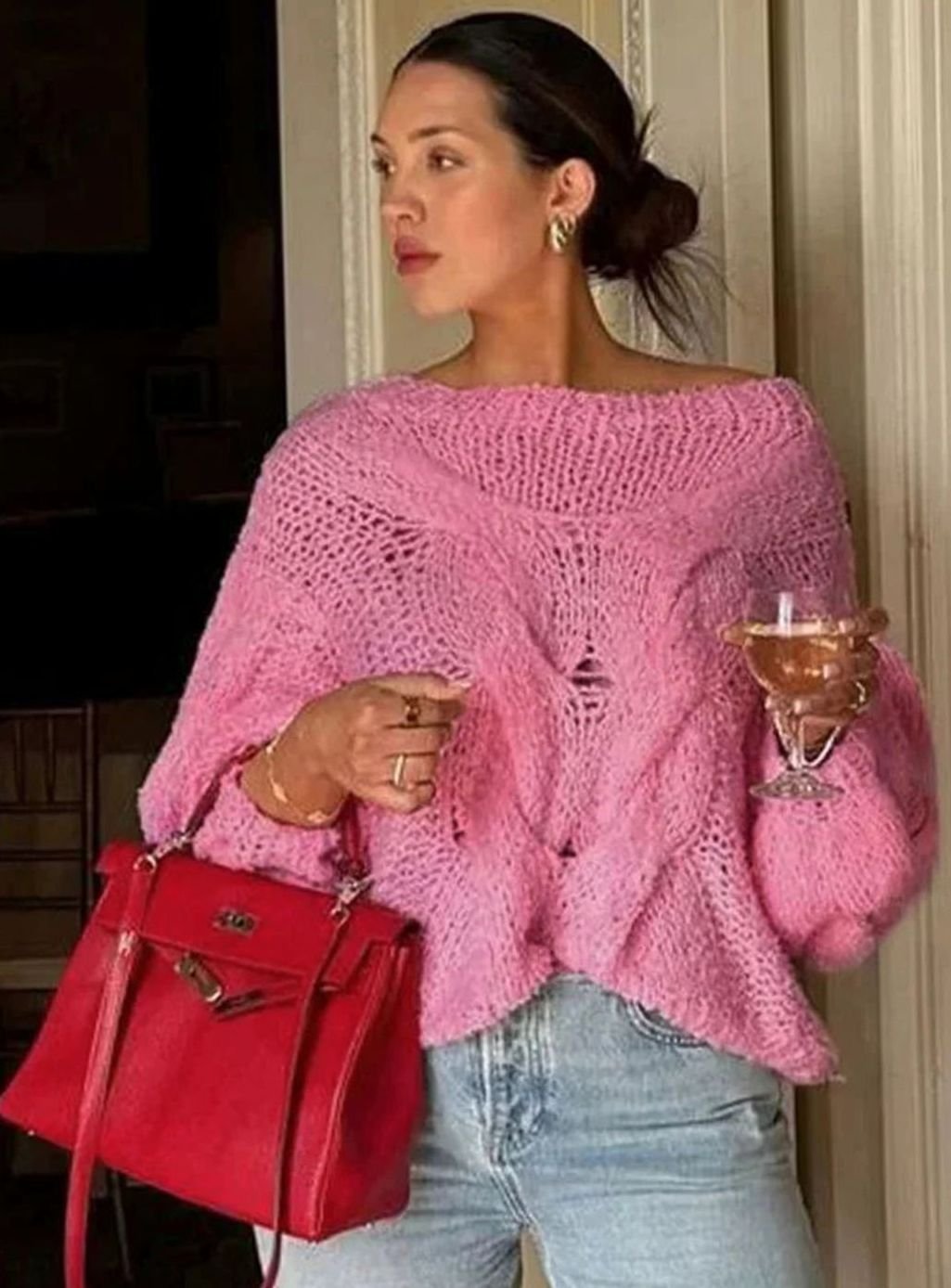 Women's Off-Shoulder Light Knit Sweater Relaxed Fit - Pink