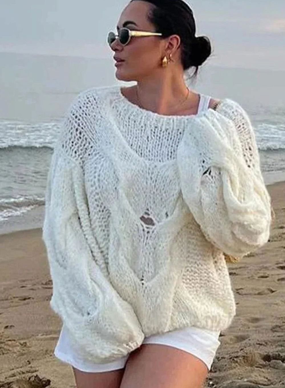 Women's Off-Shoulder Light Knit Sweater Relaxed Fit - White