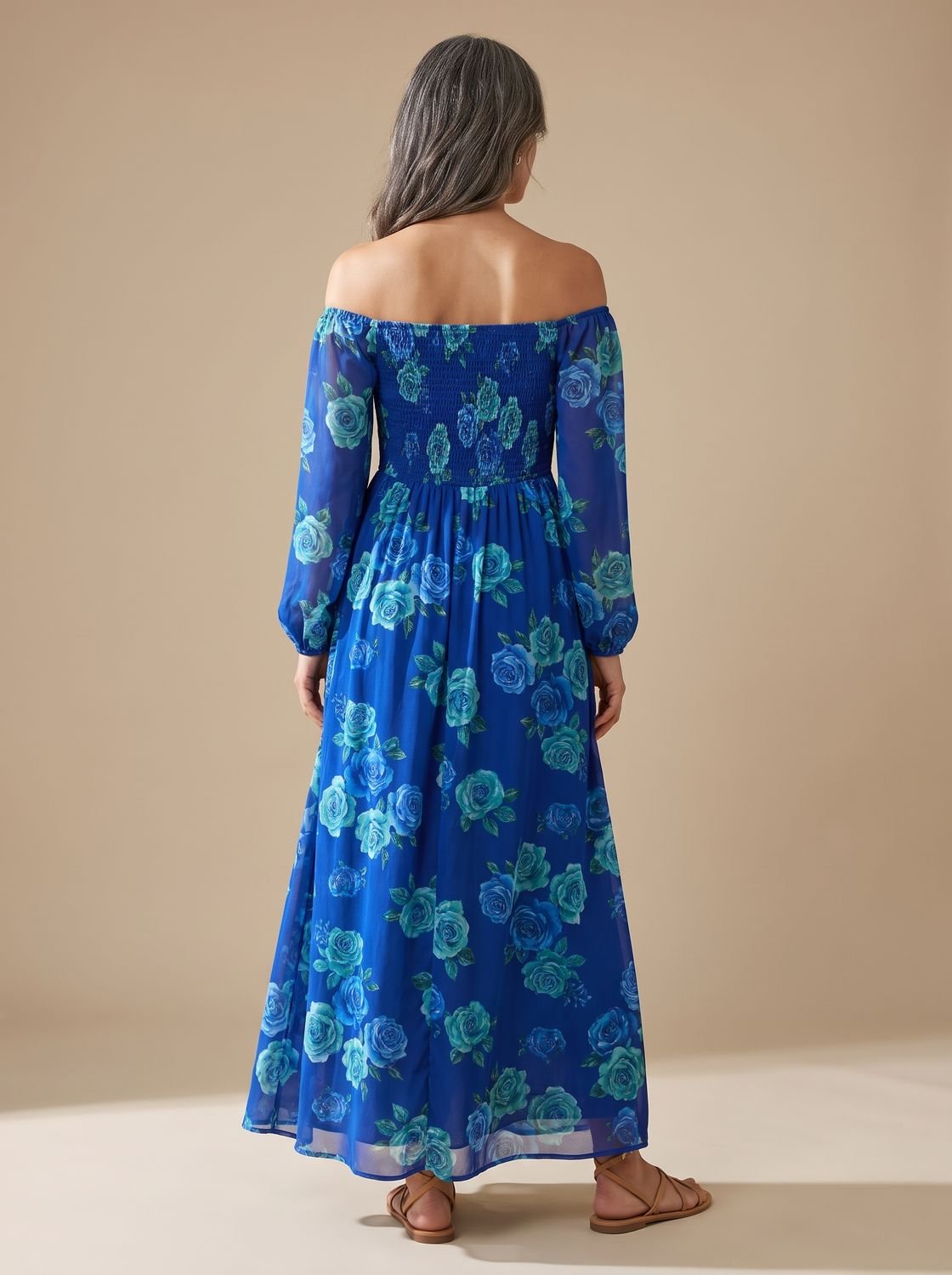 Women's Off Shoulder Long-Sleeve Floral Chiffon Maxi Dress