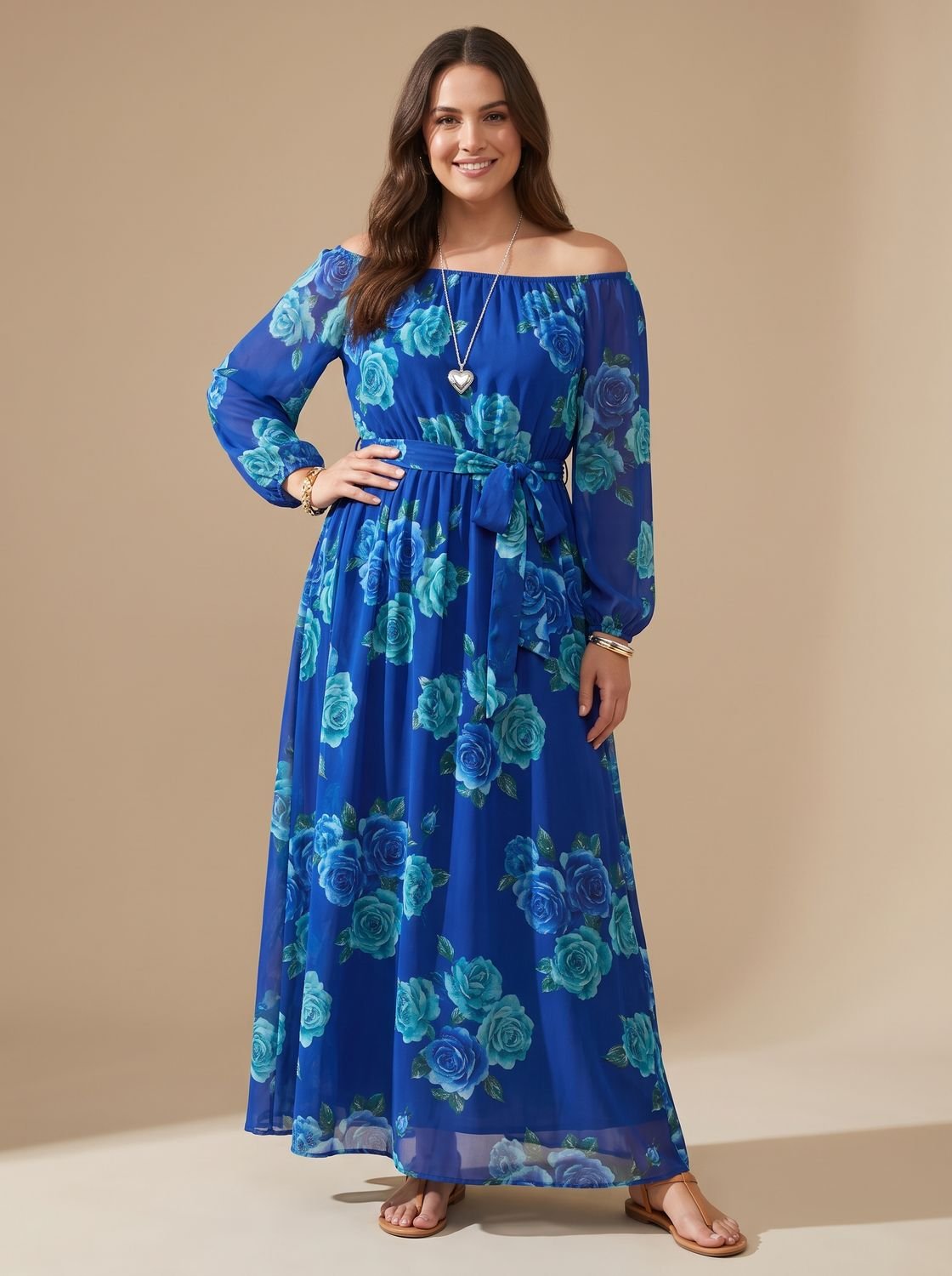 Women's Off Shoulder Long-Sleeve Floral Chiffon Maxi Dress