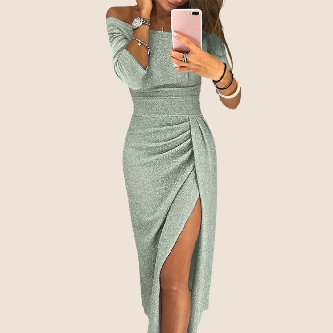 Women's Off-Shoulder Long Sleeve Ruched Maxi Dresses Side Slit - Silver Green
