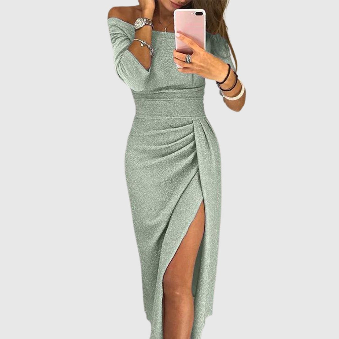 Women's Off-Shoulder Long Sleeve Ruched Maxi Dresses Side Slit