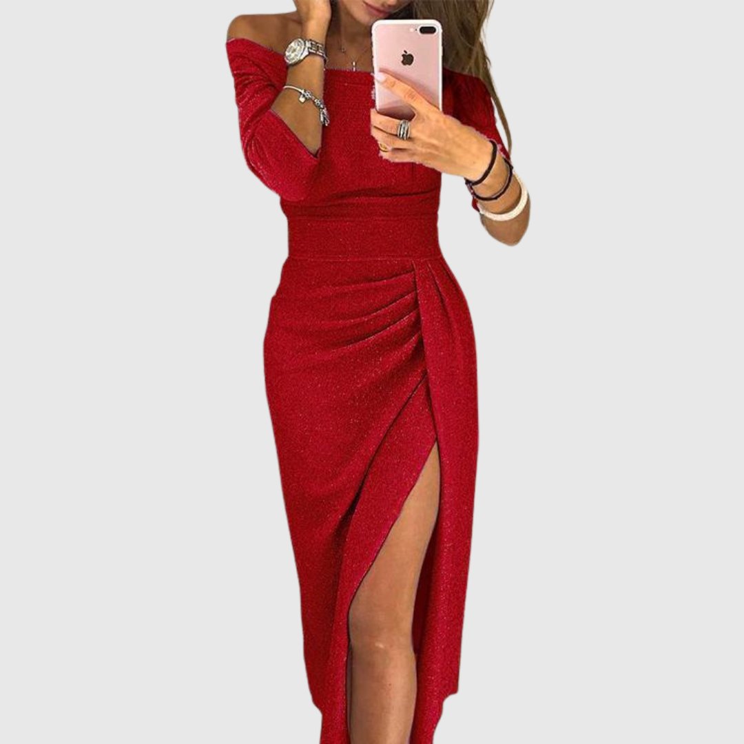 Women's Off-Shoulder Long Sleeve Ruched Maxi Dresses Side Slit - Red