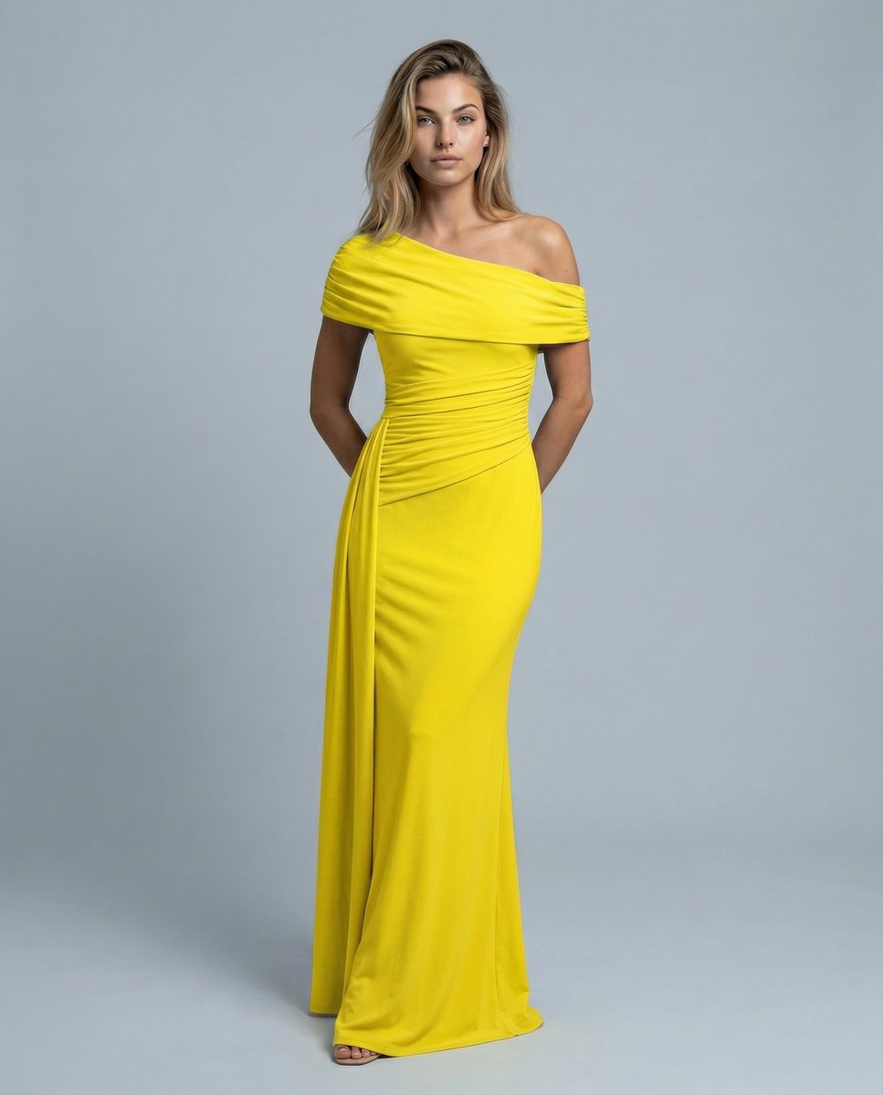 Women's Off-Shoulder Maxi Summer Dress Jumpsuit Ruched Formal Gown - Yellow