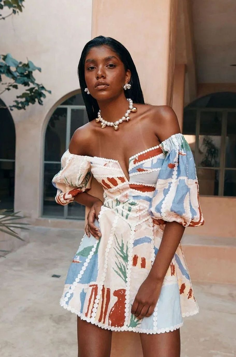 Women's Off-Shoulder Puff Sleeve Abstract Print Mini Dress