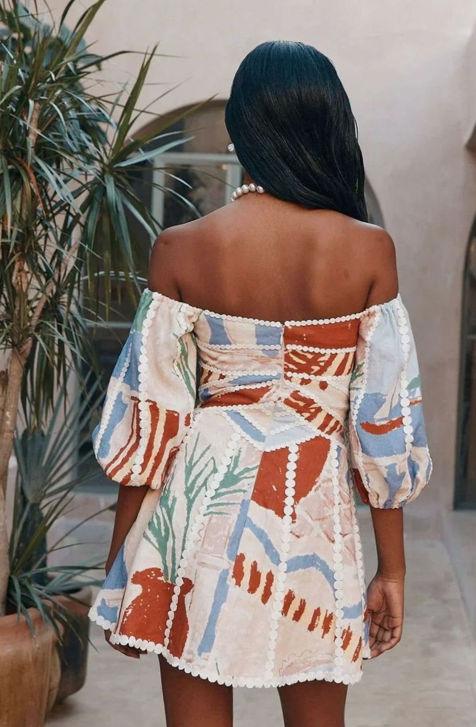 Women's Off-Shoulder Puff Sleeve Abstract Print Mini Dress