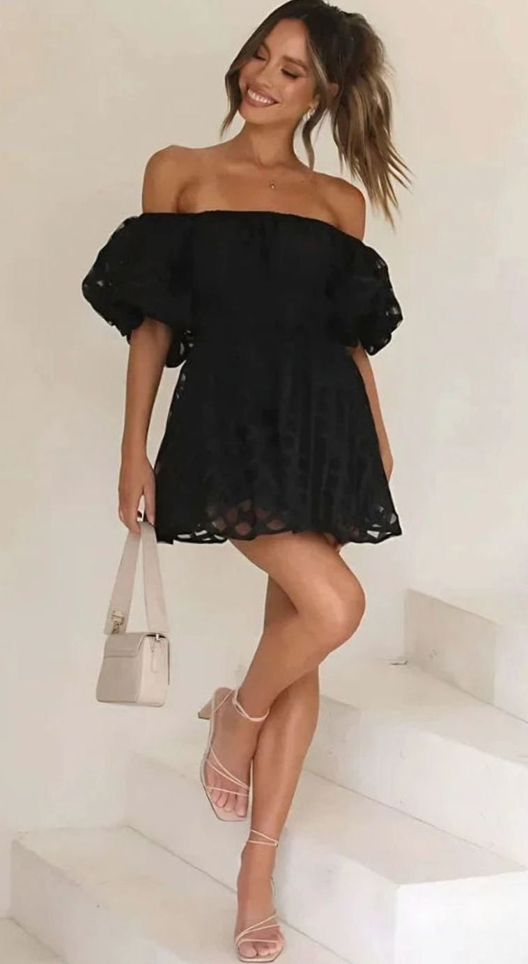 Women's Off-Shoulder Puff-Sleeve Checkered Black Mini Dress