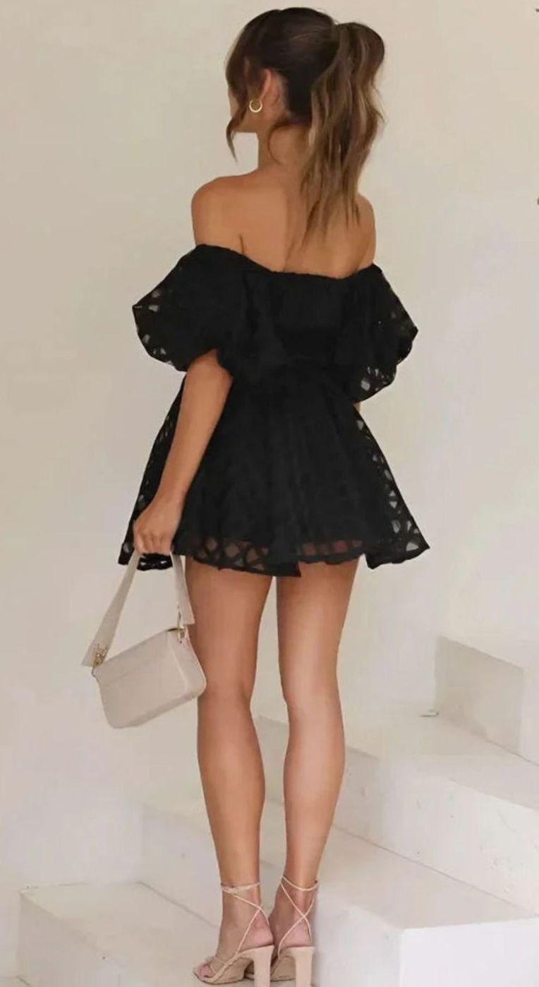 Women's Off-Shoulder Puff-Sleeve Checkered Black Mini Dress