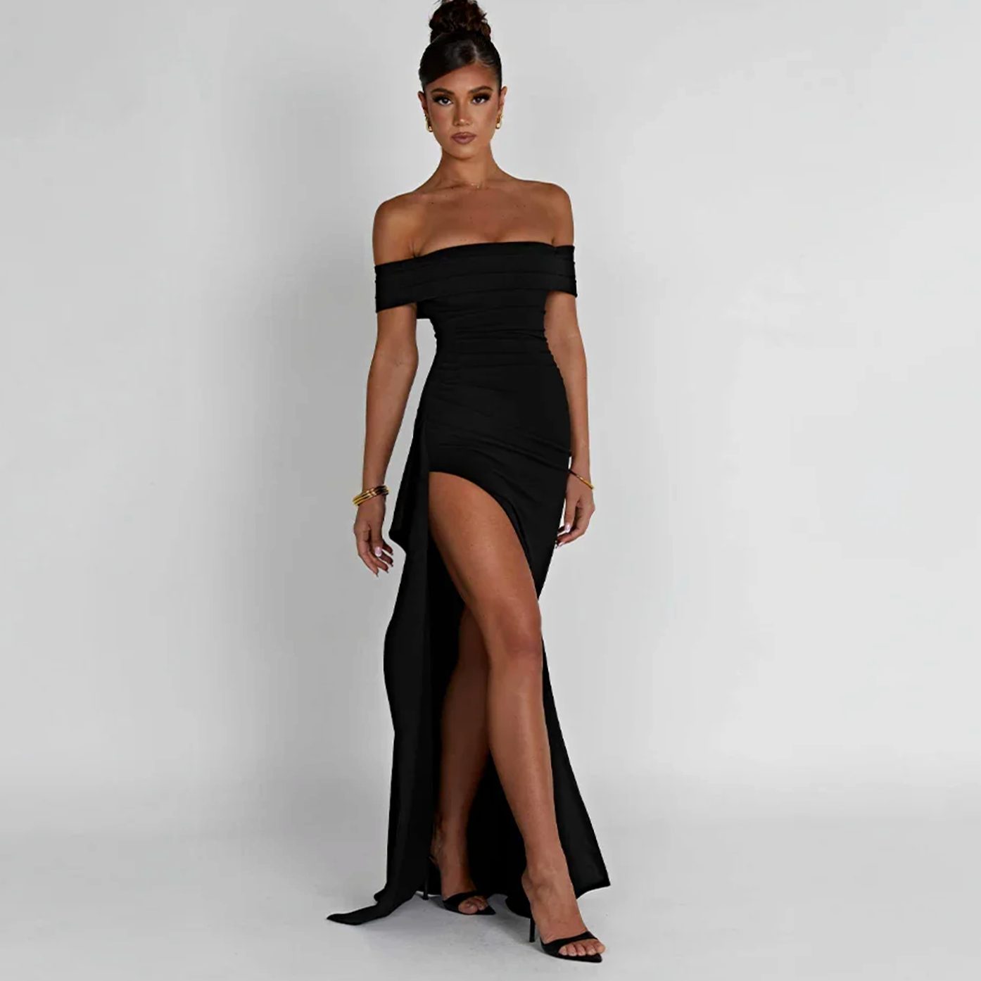 Women's Off-Shoulder Ruched High-Slit Formal Maxi Dress - Black