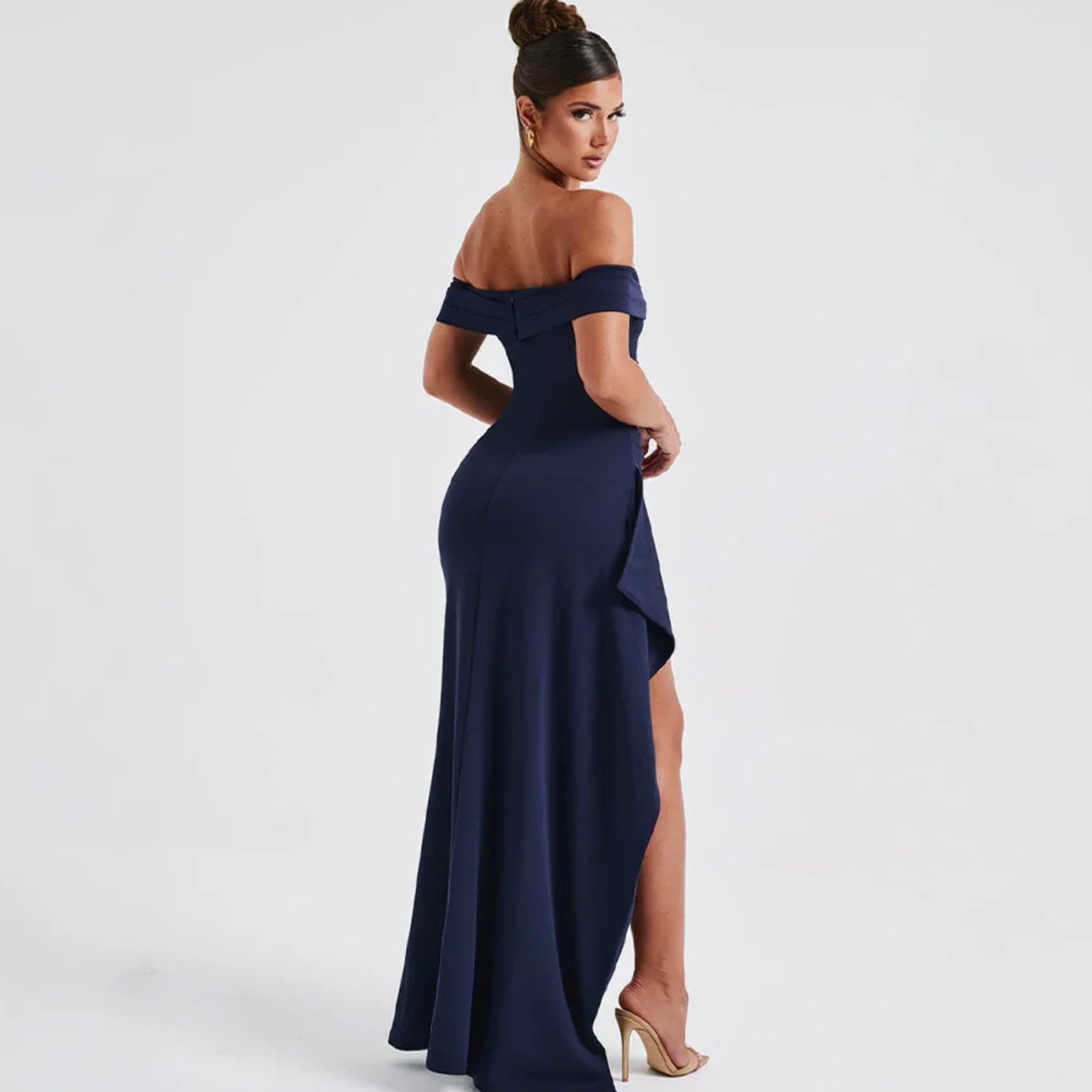 Women's Off-Shoulder Ruched High-Slit Formal Maxi Dress