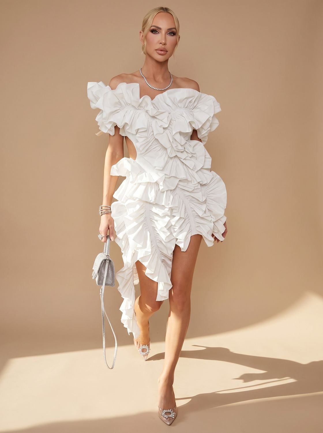 Women's Off-Shoulder Ruffled Asymmetric Cocktail Mini Dress - White