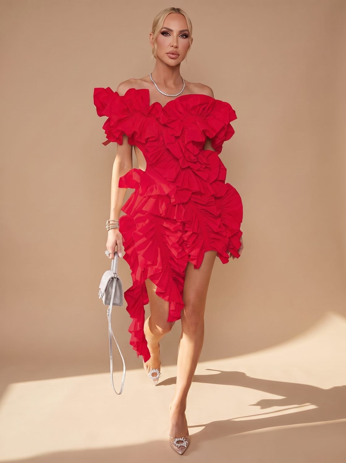 Women's Off-Shoulder Ruffled Asymmetric Cocktail Mini Dress - Red