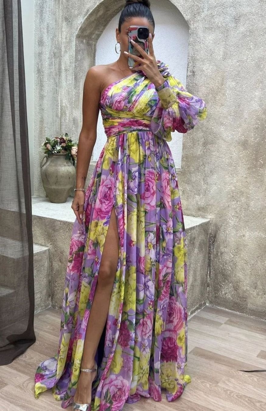 Women's One-Shoulder Floral Maxi Dress Slit Evening Gown