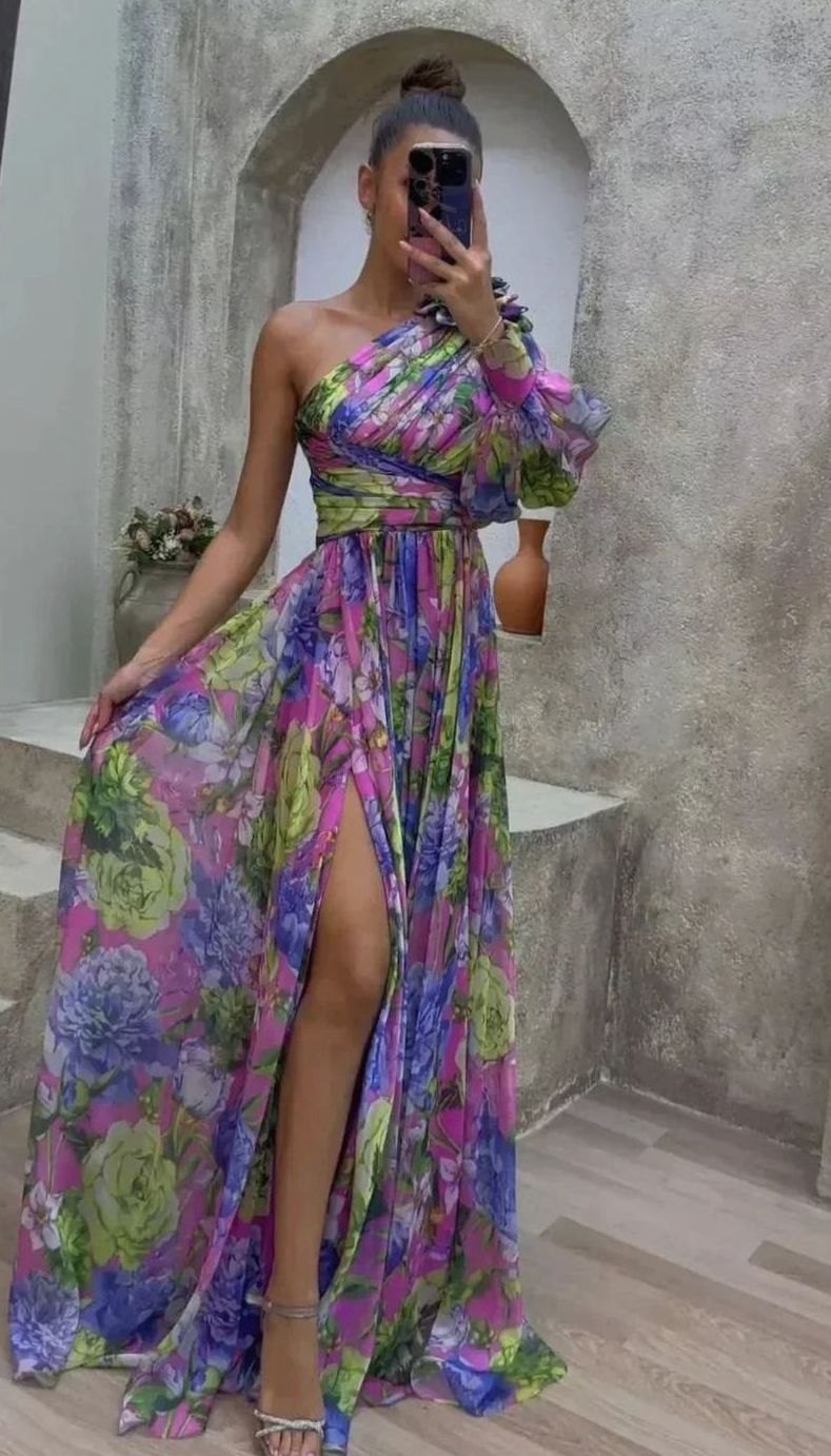 Women's One-Shoulder Floral Maxi Dress Slit Evening Gown - Purple