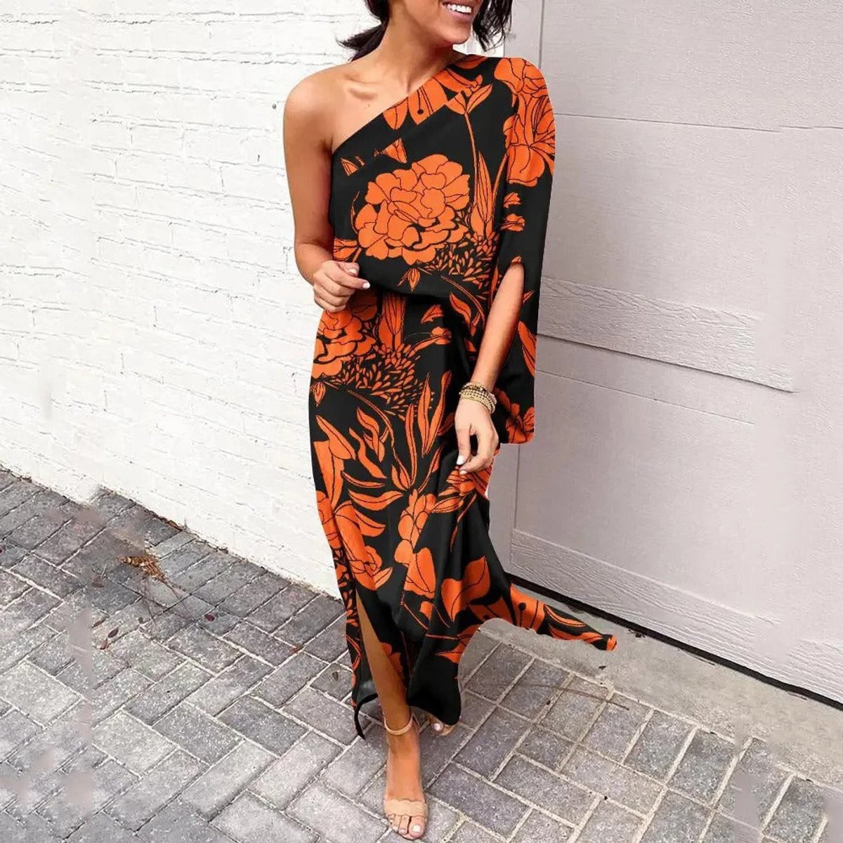 Women's One-Shoulder Floral Maxi Summer Dress Jumpsuit - Red Orange