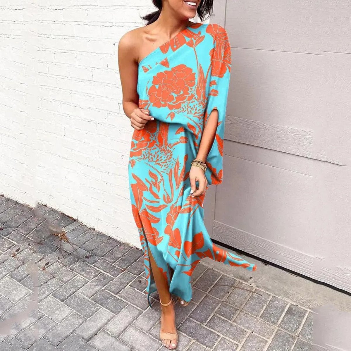 Women's One-Shoulder Floral Maxi Summer Dress Jumpsuit - Turquoise