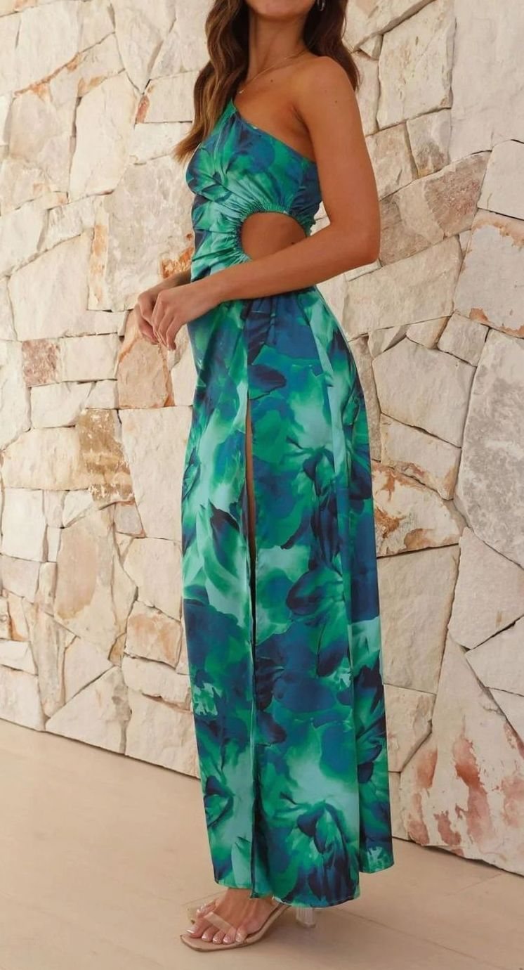 Women's One-Shoulder Floral Ruched Slit Evening Maxi Dress