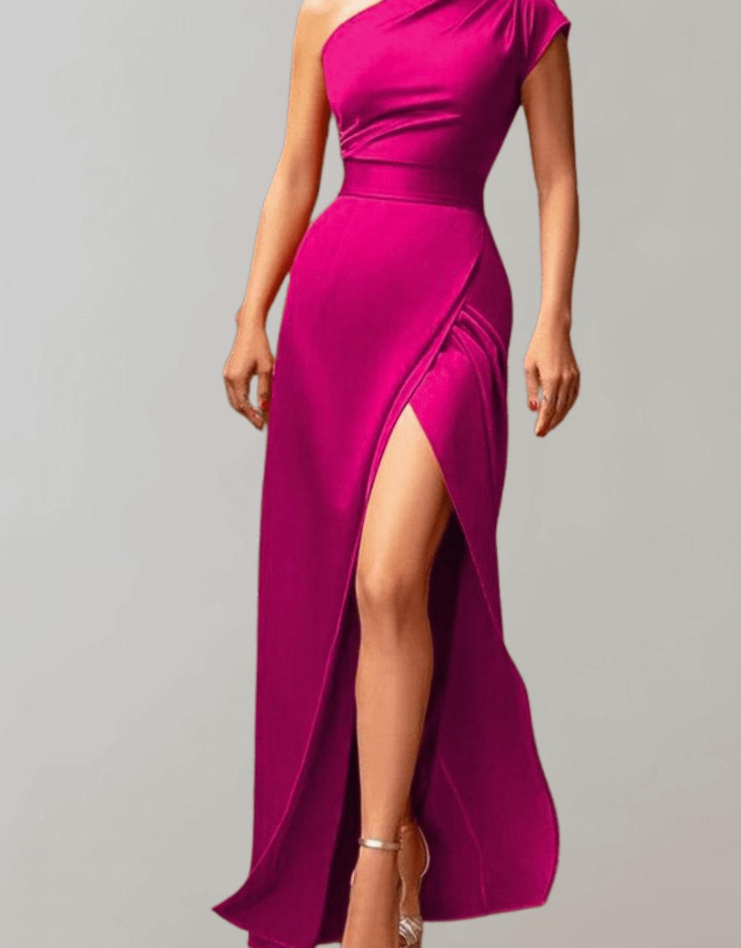 Women's One-Shoulder Formal Evening Gown Slit Floor-Length, Red - Rose Red
