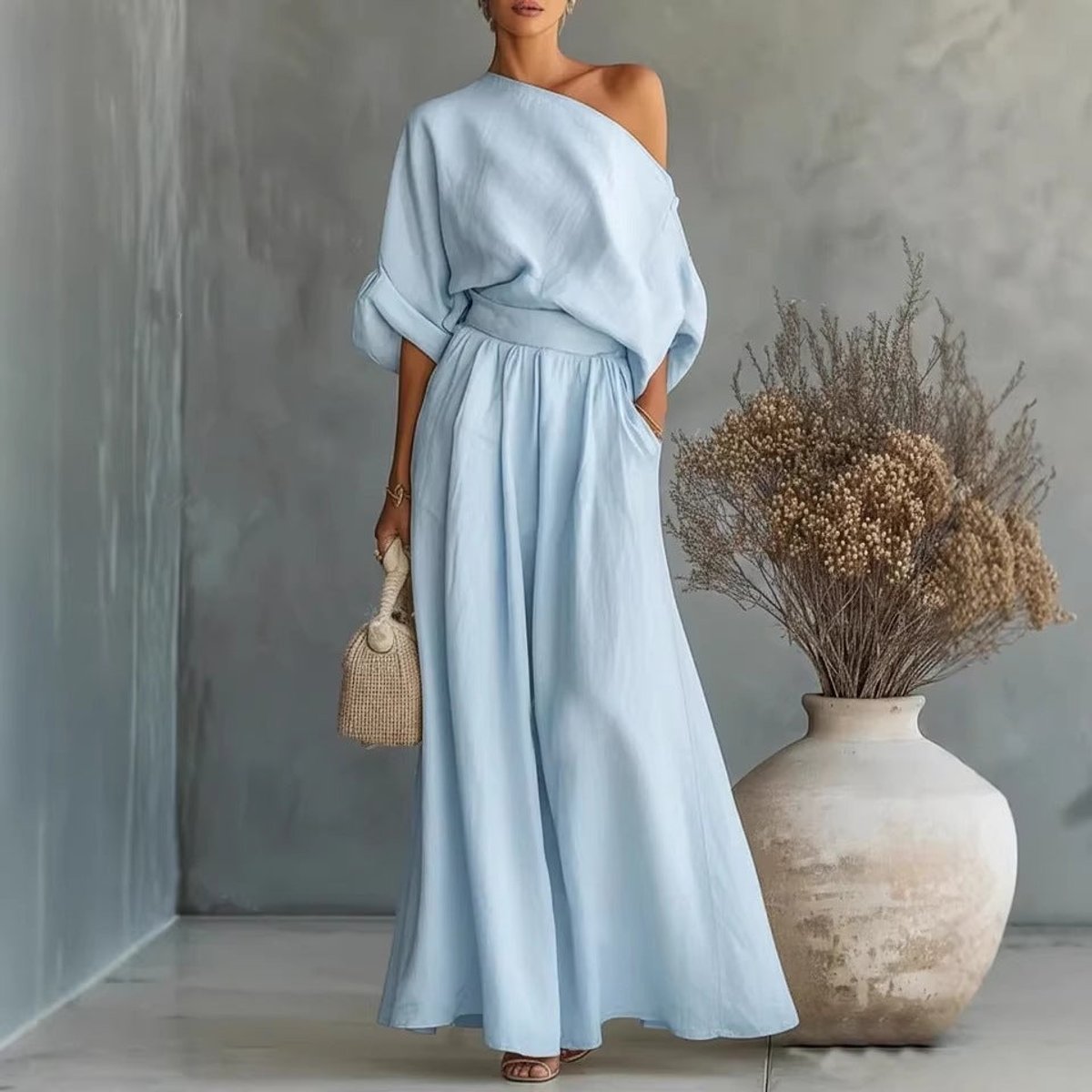 Women's One-Shoulder Linen Maxi Set Summer Dress Jumpsuit