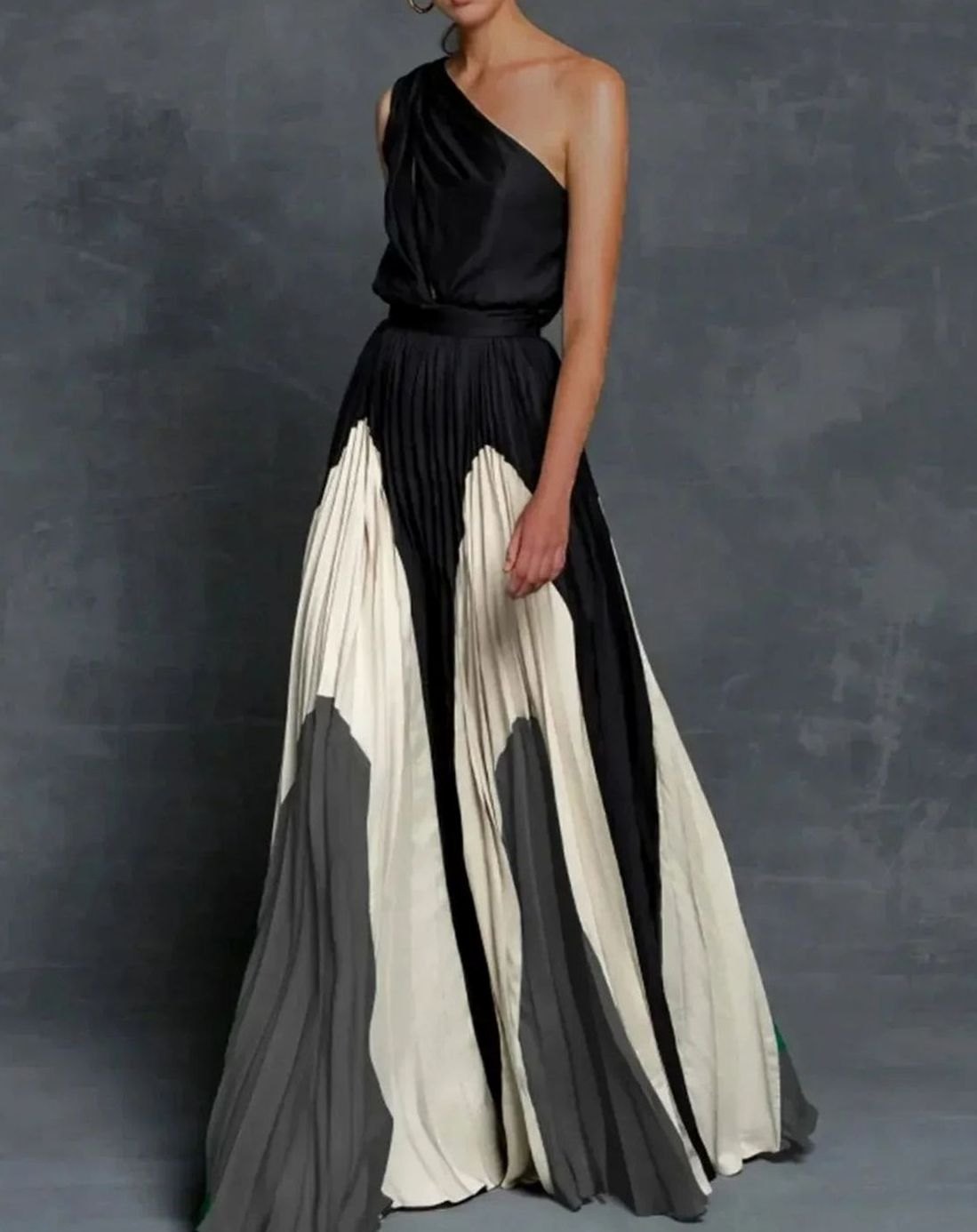 Women's One-Shoulder Pleated Colour-Block Maxi Dress - Gray