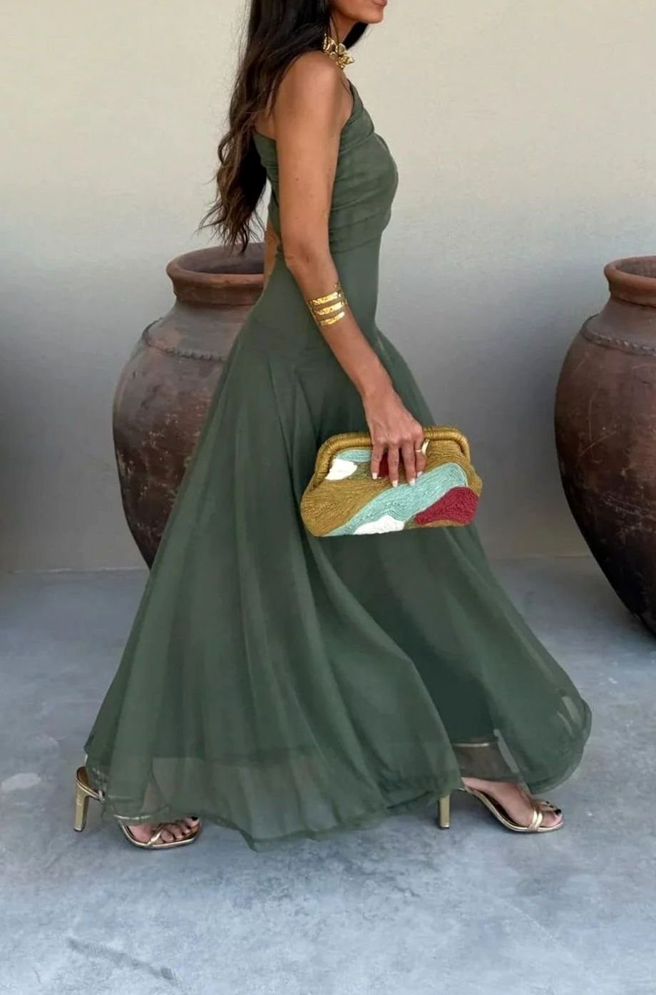 Women's One-Shoulder Pleated Formal Maxi Dress