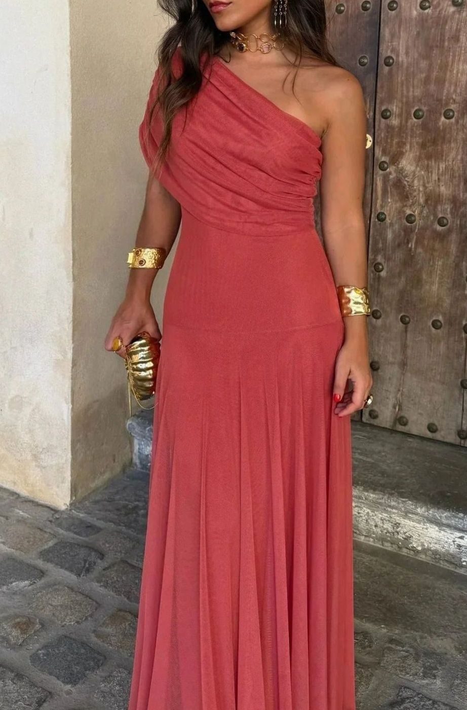 Women's One-Shoulder Pleated Formal Maxi Dress
