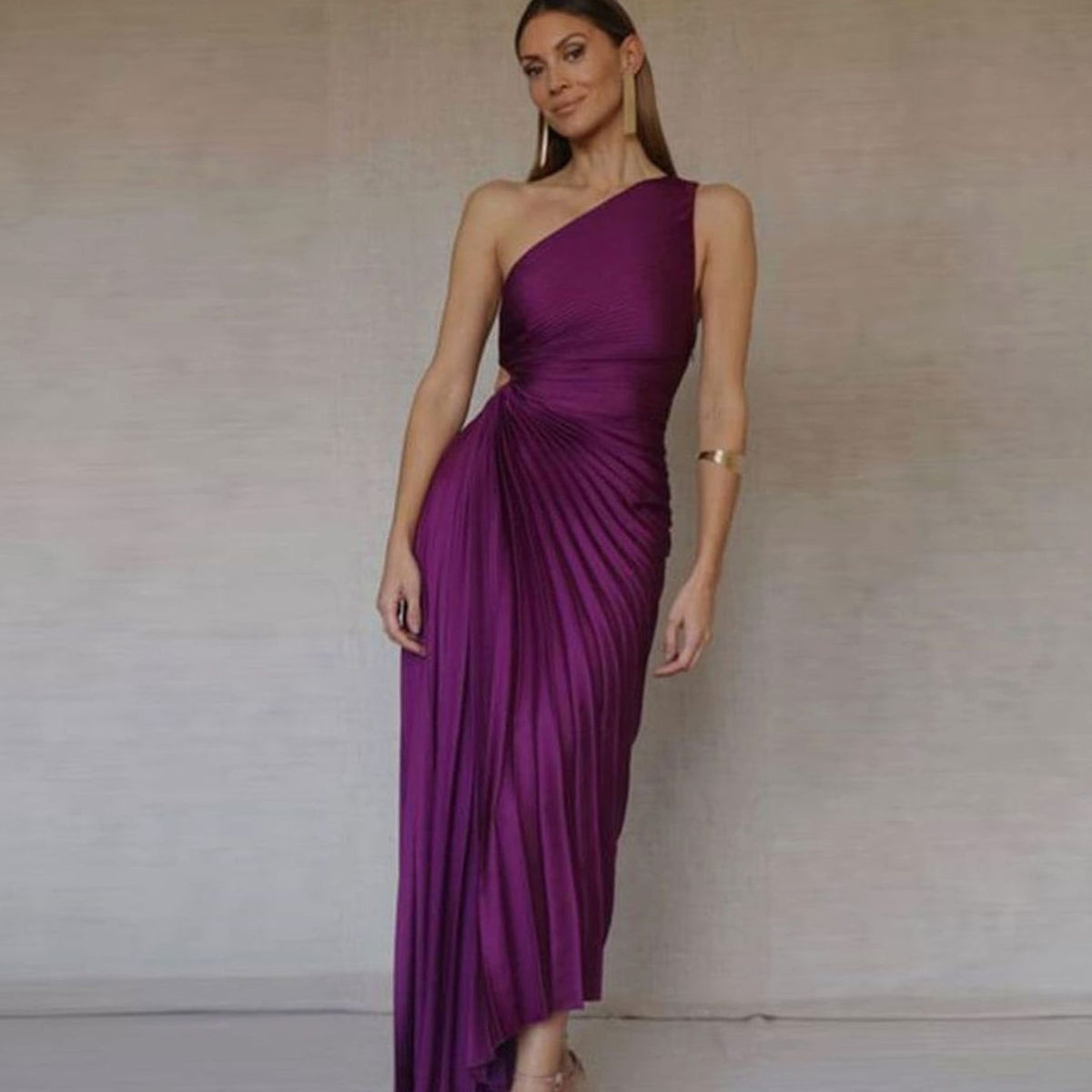 Women's One-Shoulder Pleated Formal Maxi Evening Dress III - Dark Purple