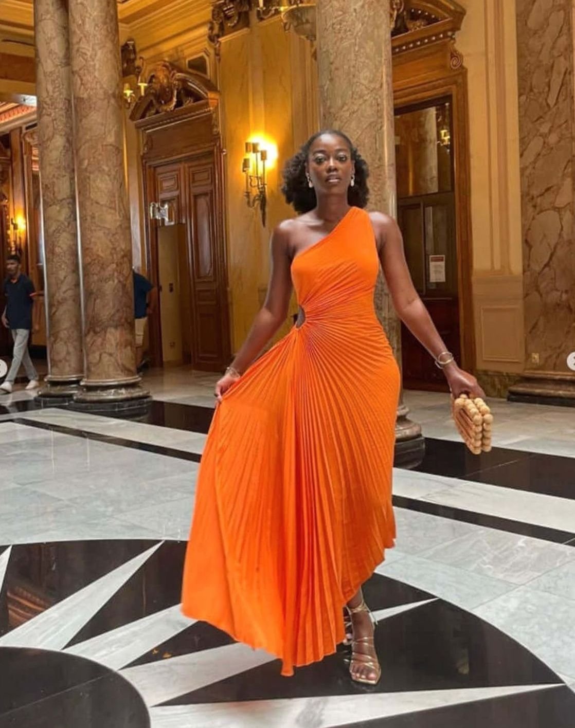 Women's One-Shoulder Pleated Formal Maxi Evening Dress III - Orange