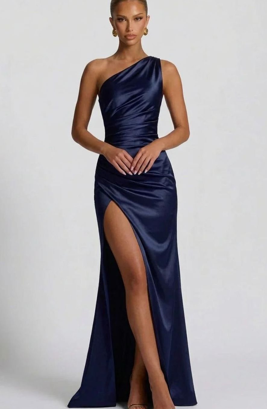 Women's One-Shoulder Ruched Satin Maxi Formal Dress
