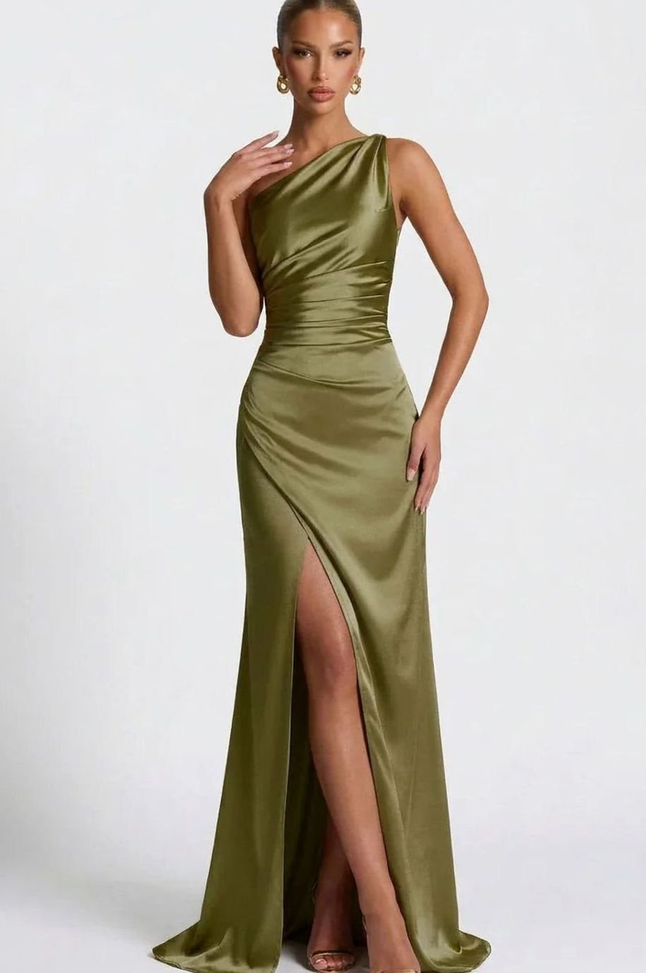 Women's One-Shoulder Ruched Satin Maxi Formal Dress