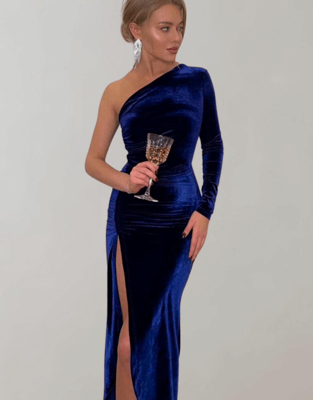 Women's One-Shoulder Ruched Velvet Formal Gown Slit - Blue