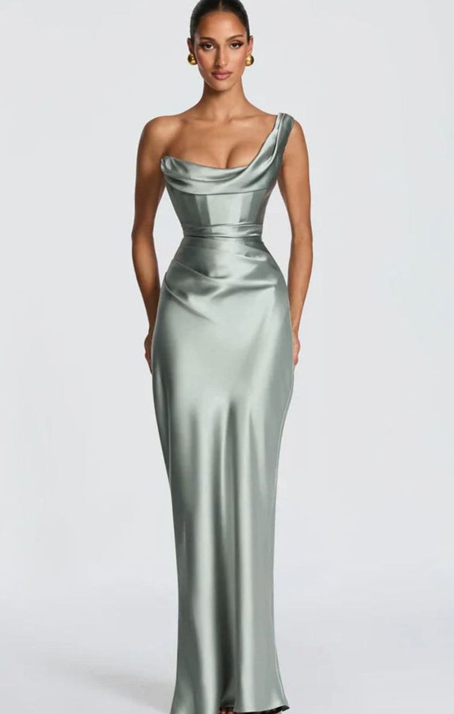 Women's One-Shoulder Satin Fitted Formal Maxi Dress