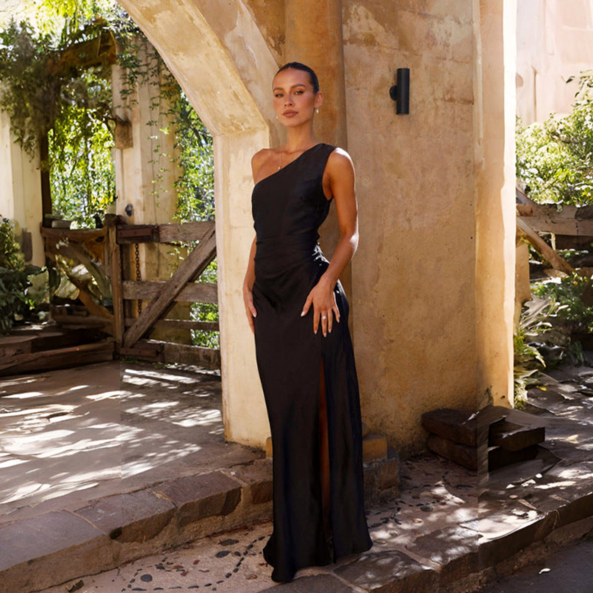 Women's One-Shoulder Satin Maxi Dress Thigh-High Slit - Black