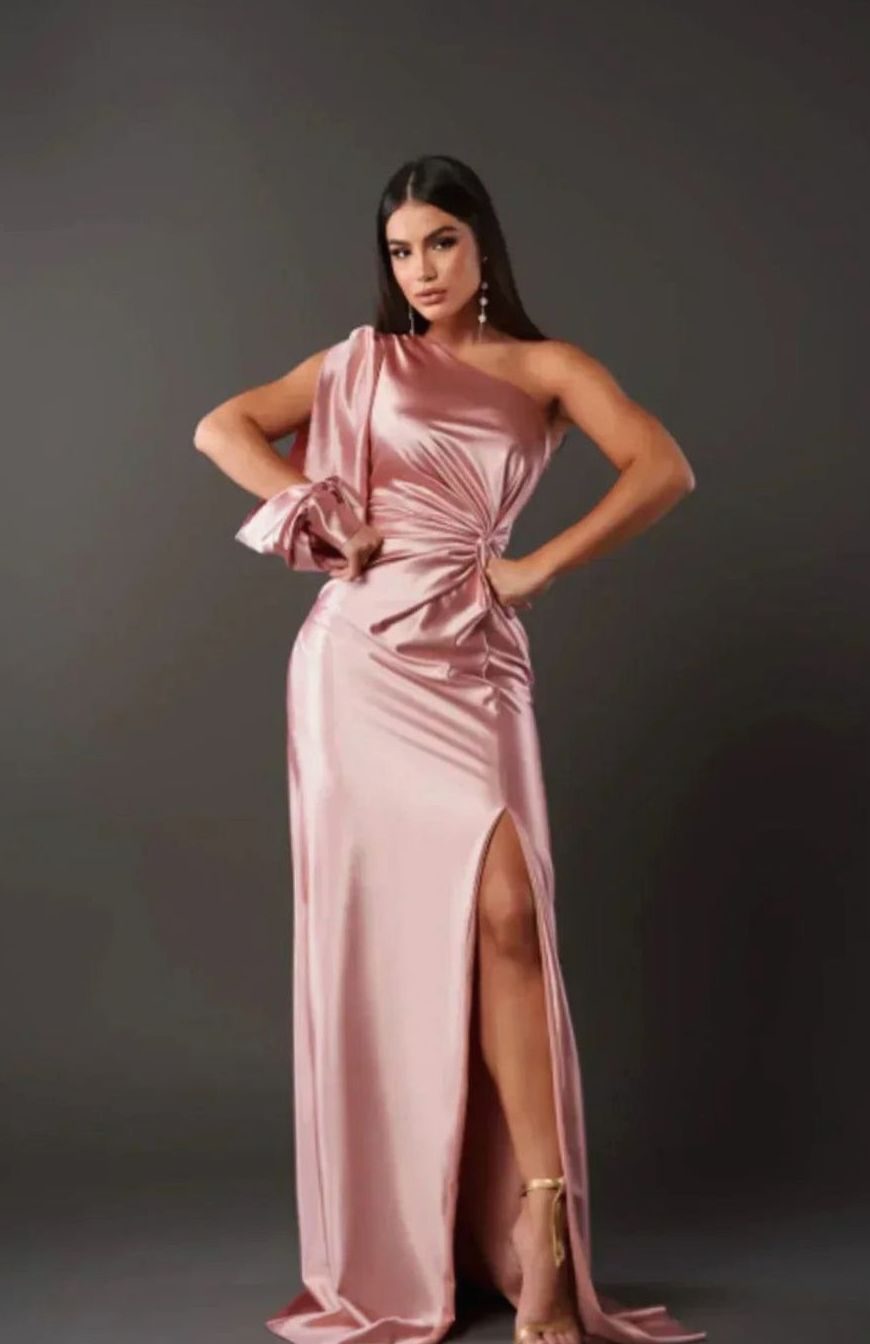 Women's One-Shoulder Satin Maxi Evening Dress Front Slit II - Pink