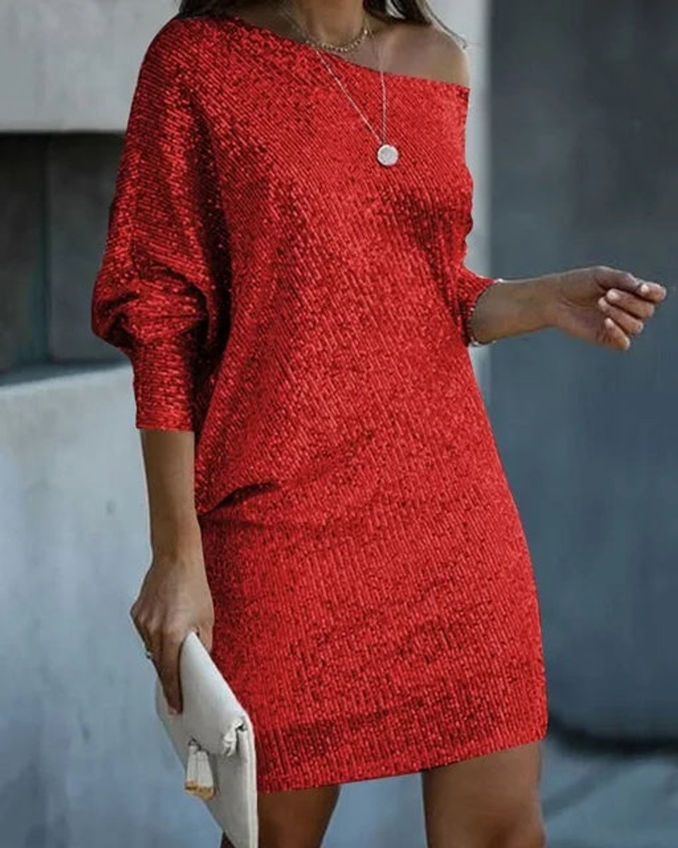 Women's One-Shoulder Sequin Mini Summer Dress Cocktail Party - Red