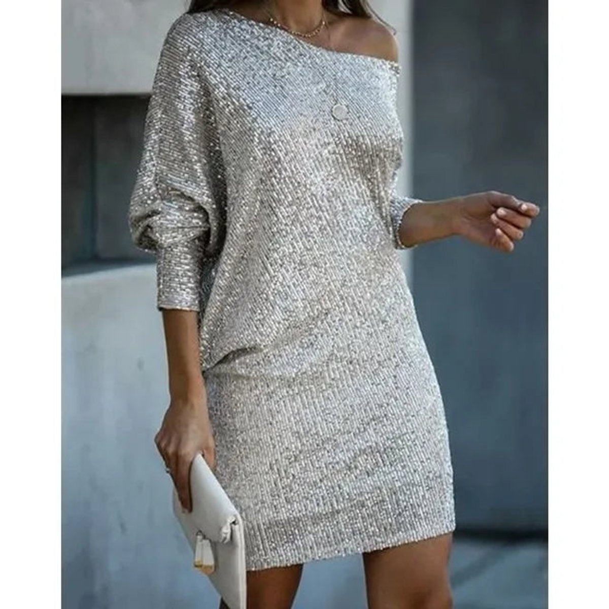 Women's One-Shoulder Sequin Mini Summer Dress Cocktail Party - Silver