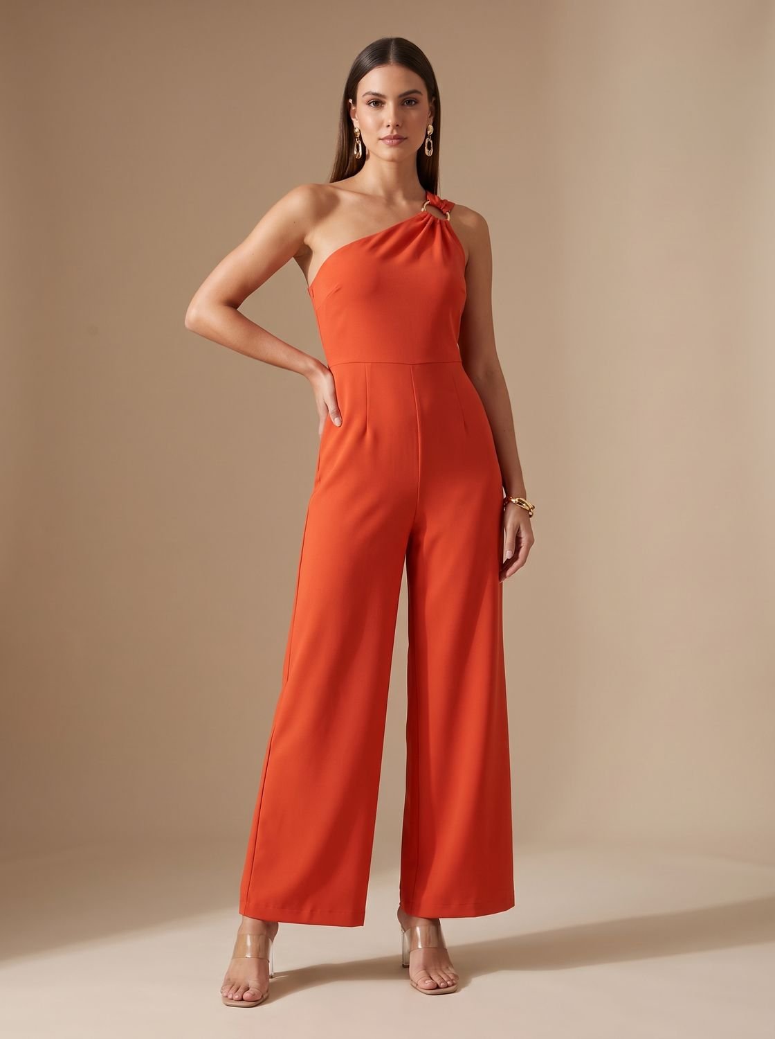 Women's One-Shoulder Sleeveless Slim-Fit Wide-Leg Jumpsuit - Orange