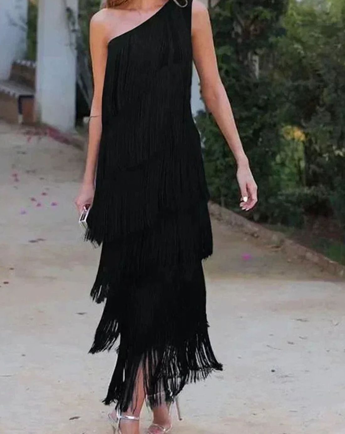 Women's One-Shoulder Tiered Fringe Maxi Dress - Black